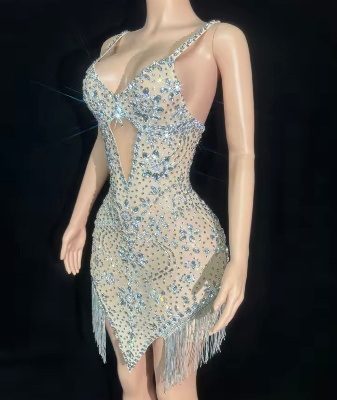 Sexy Sleeveless Rhinestone Embellishment Tassel Dress