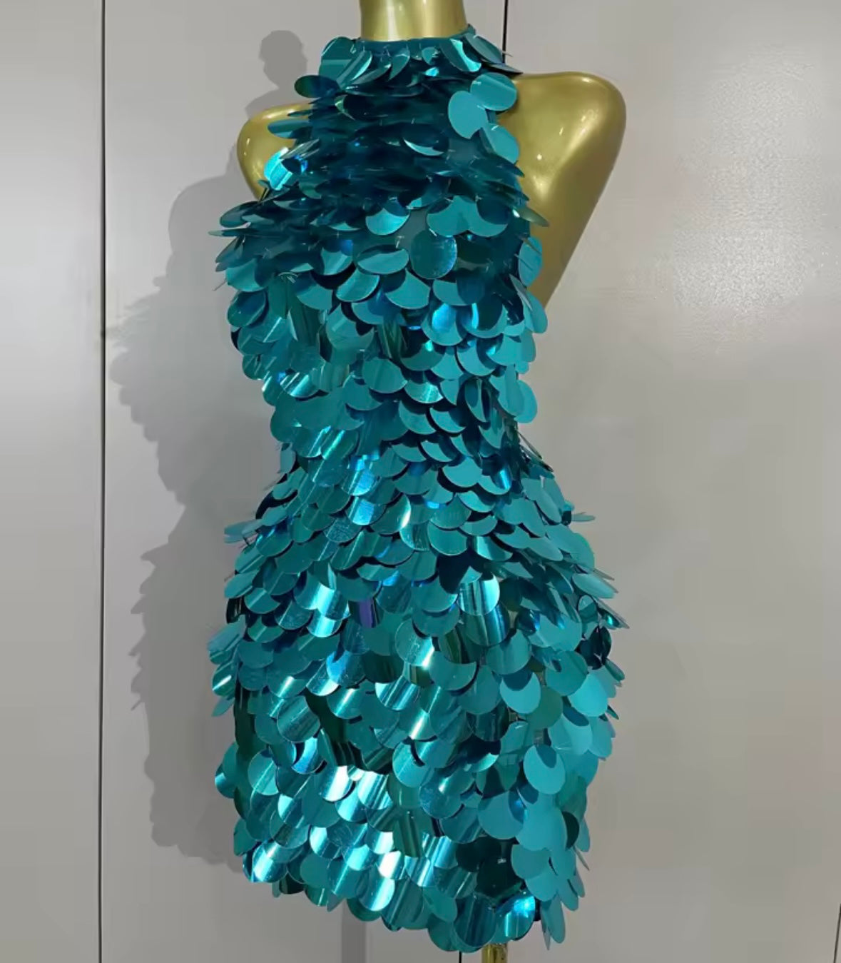 Sexy Blue Halter Sleeveless Open Back Sequins Dress