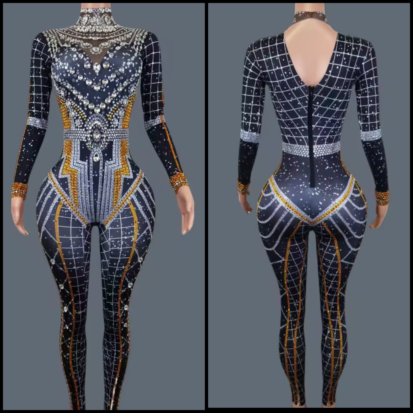Elegant Printed Rhinestone Full Sleeve Jumpsuit