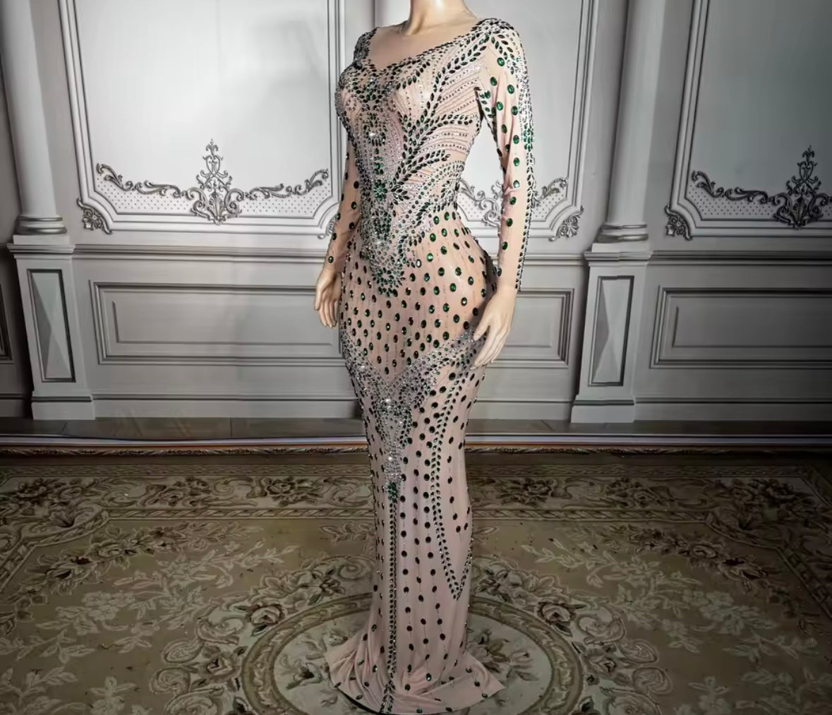Elegant Rhinestone Embellishment Full Sleeve Floor-Length Dress