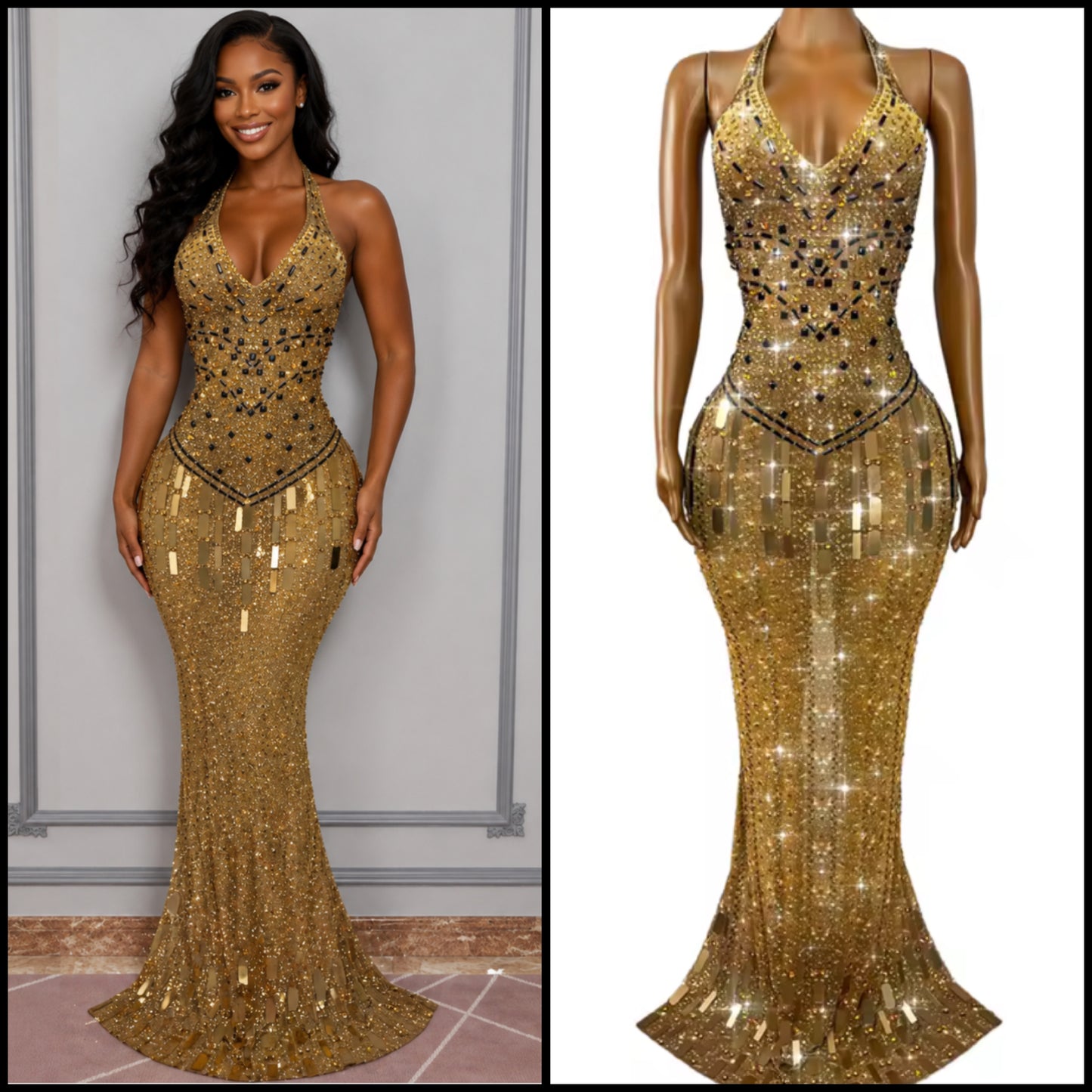 Gold Sexy Halter Sleeveless Rhinestone Floor-Length Dress