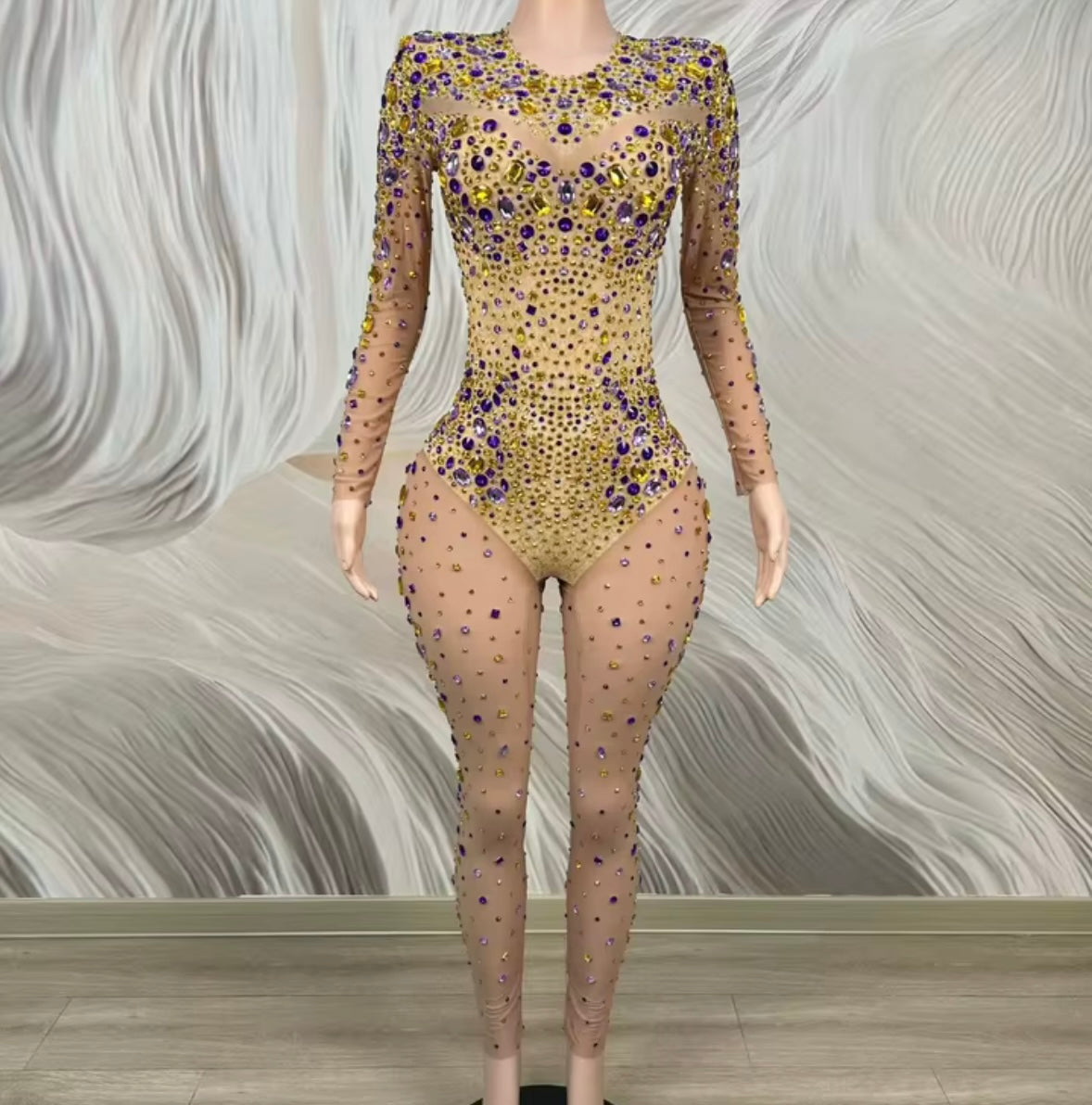 Sexy Color Rhinestone Full Sleeve See Through Jumpsuit