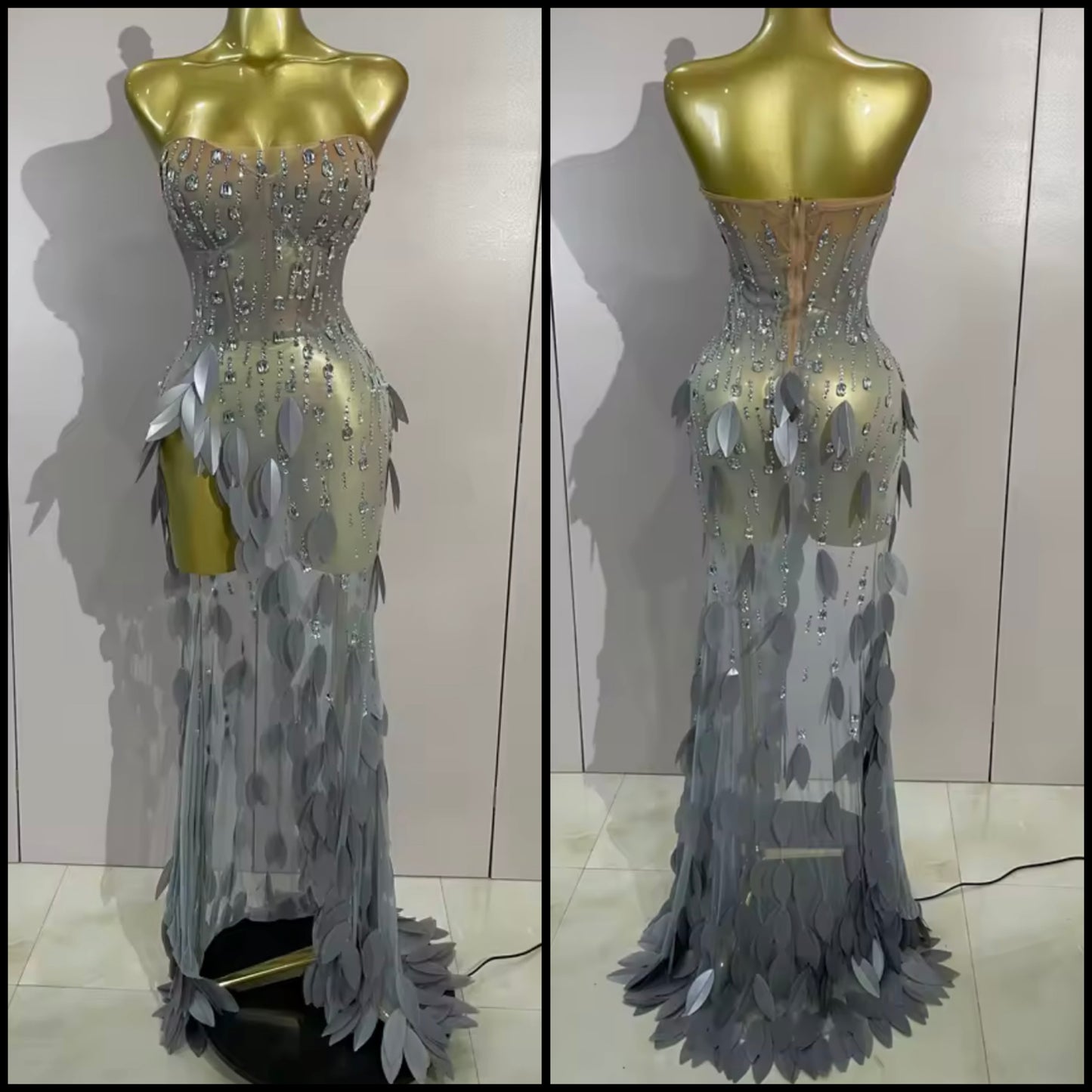 Silver Strapless Rhinestone Sequins Side Split Maxi Dress