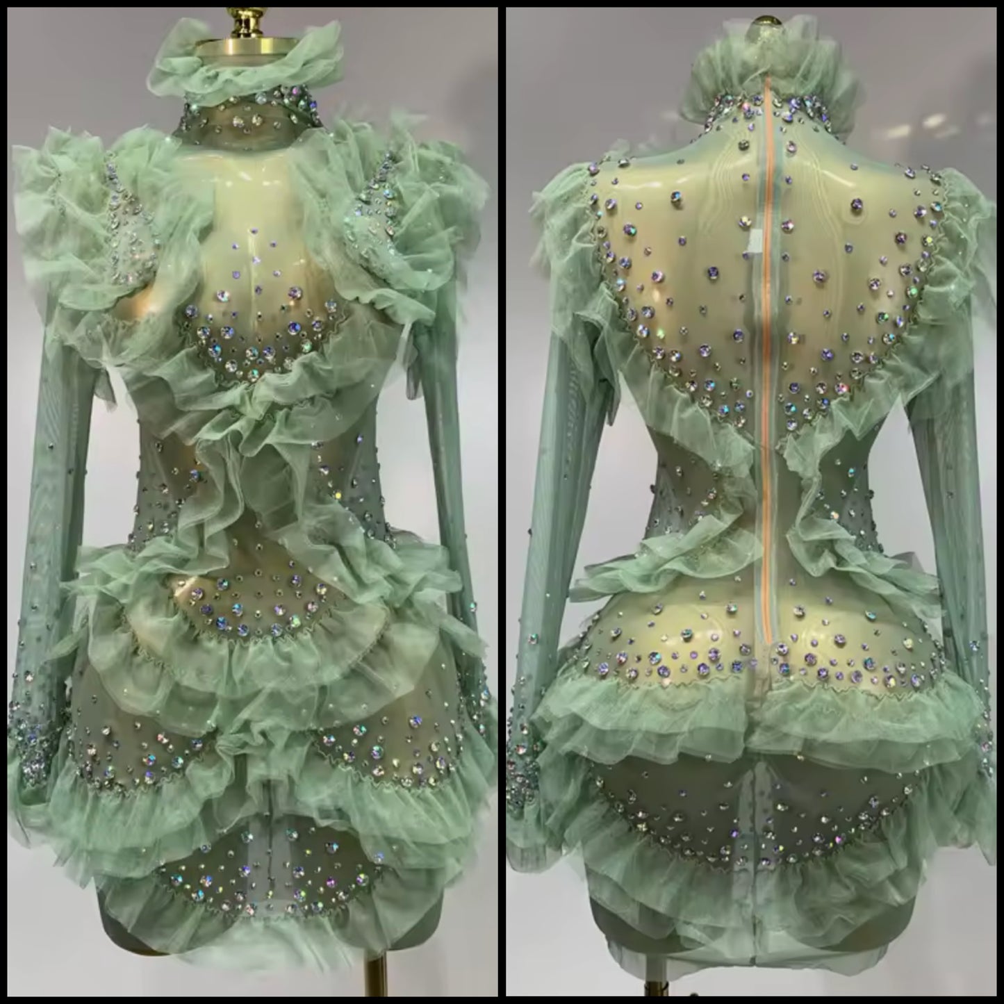 Green Sexy Ruffled See Through Full Sleeve Rhinestone Dress