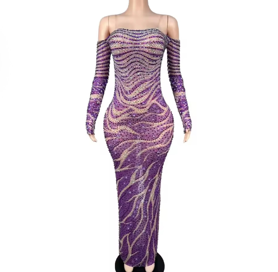 Purple Sexy Off The Shoulder See Through Rhinestone Maxi Dress
