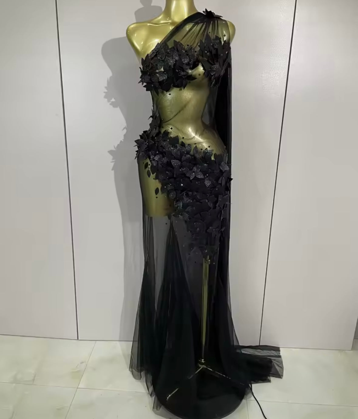 Floral One Shoulder Sleeveless Sexy See Through Maxi Dress