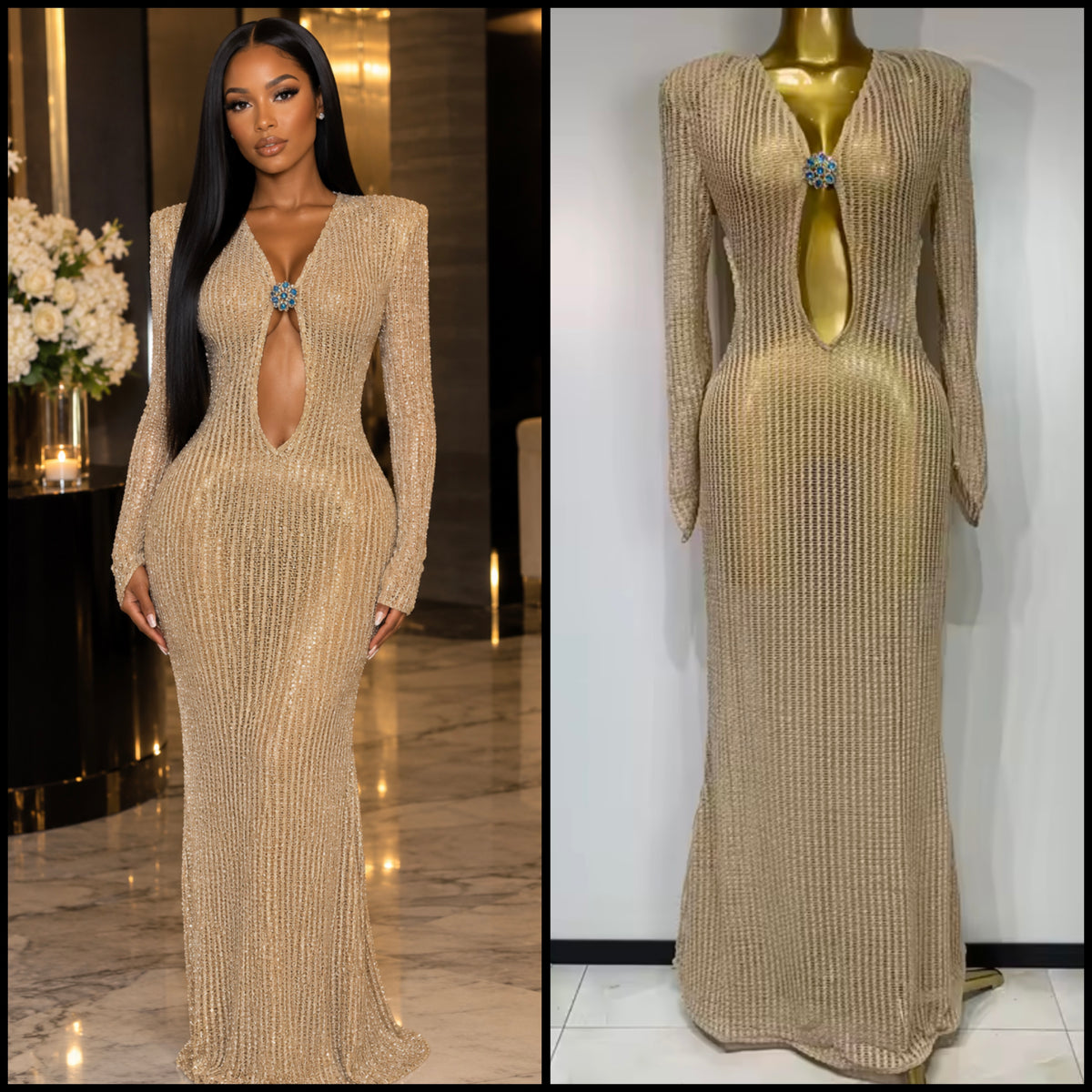 Gold Hollow Out Full Sleeve Sexy Floor-Length Dress