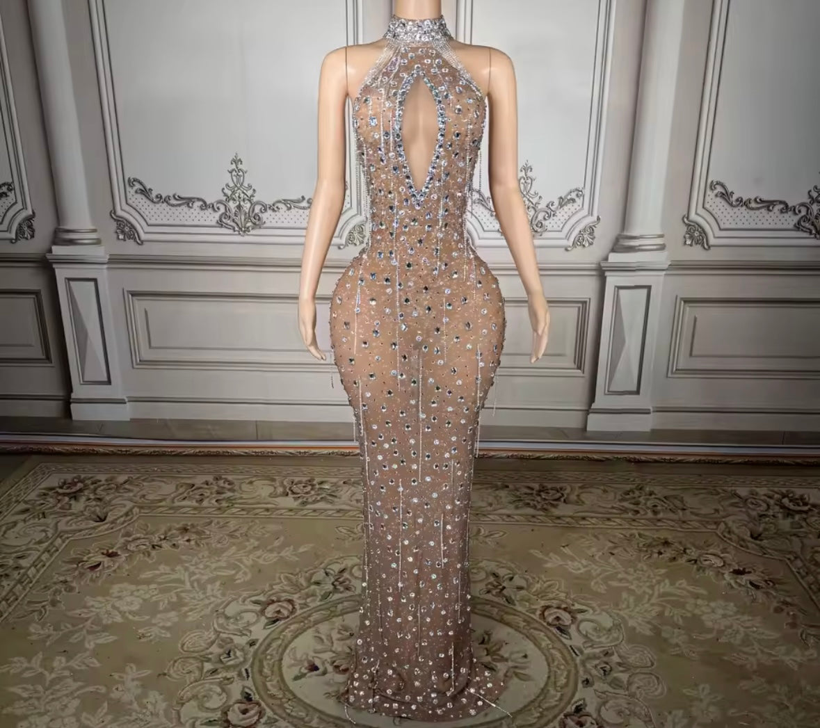 Sexy Sleeveless Rhinestone Tassel Maxi Dress