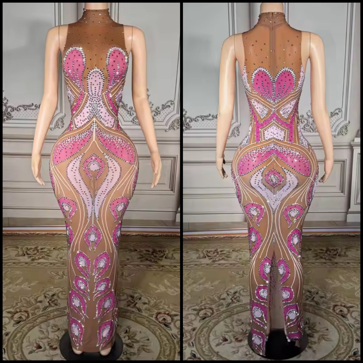 Sexy Sleeveless Color Patchwork Rhinestone See Through Maxi Dress