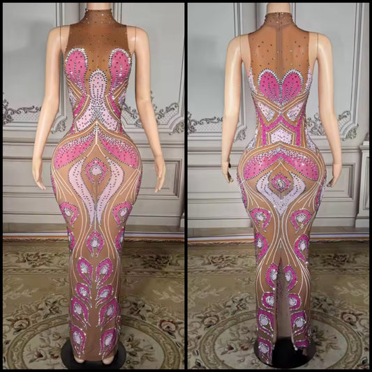 Sexy Sleeveless Color Patchwork Rhinestone See Through Maxi Dress
