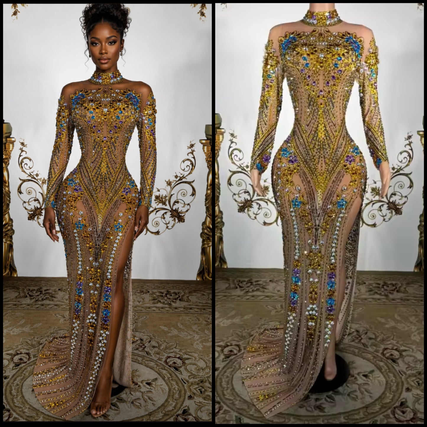 Elegant Multicolor Rhinestone Full Sleeve Floor-Length Dress