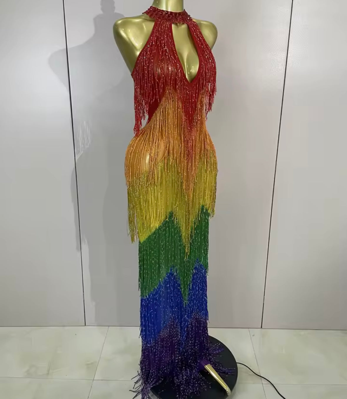 Sexy Halter Sleeveless Colorful Rhinestone Fringe Tassel Maxi Dress