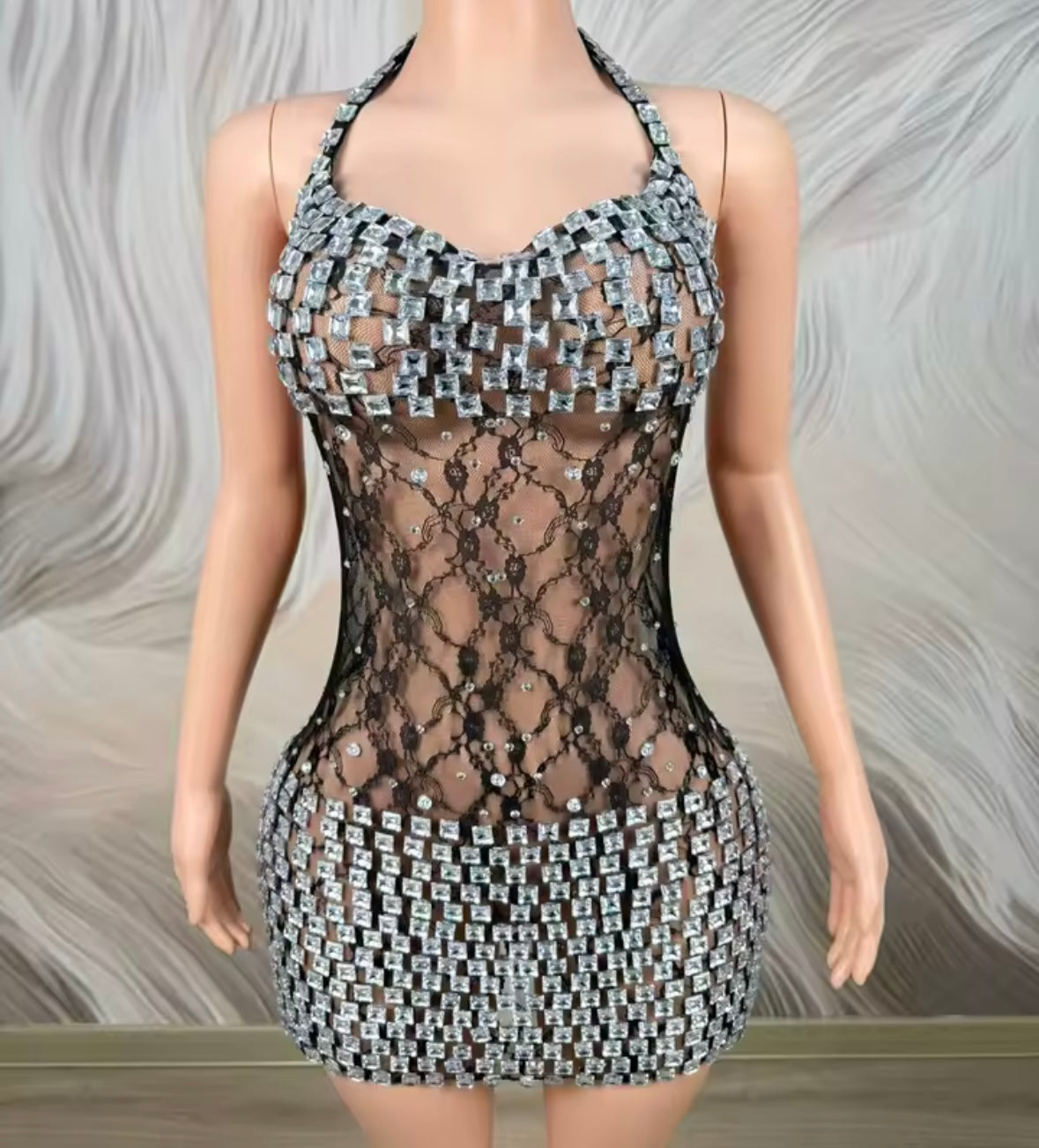 Sexy Lace Rhinestone Halter Sleeveless Dress
