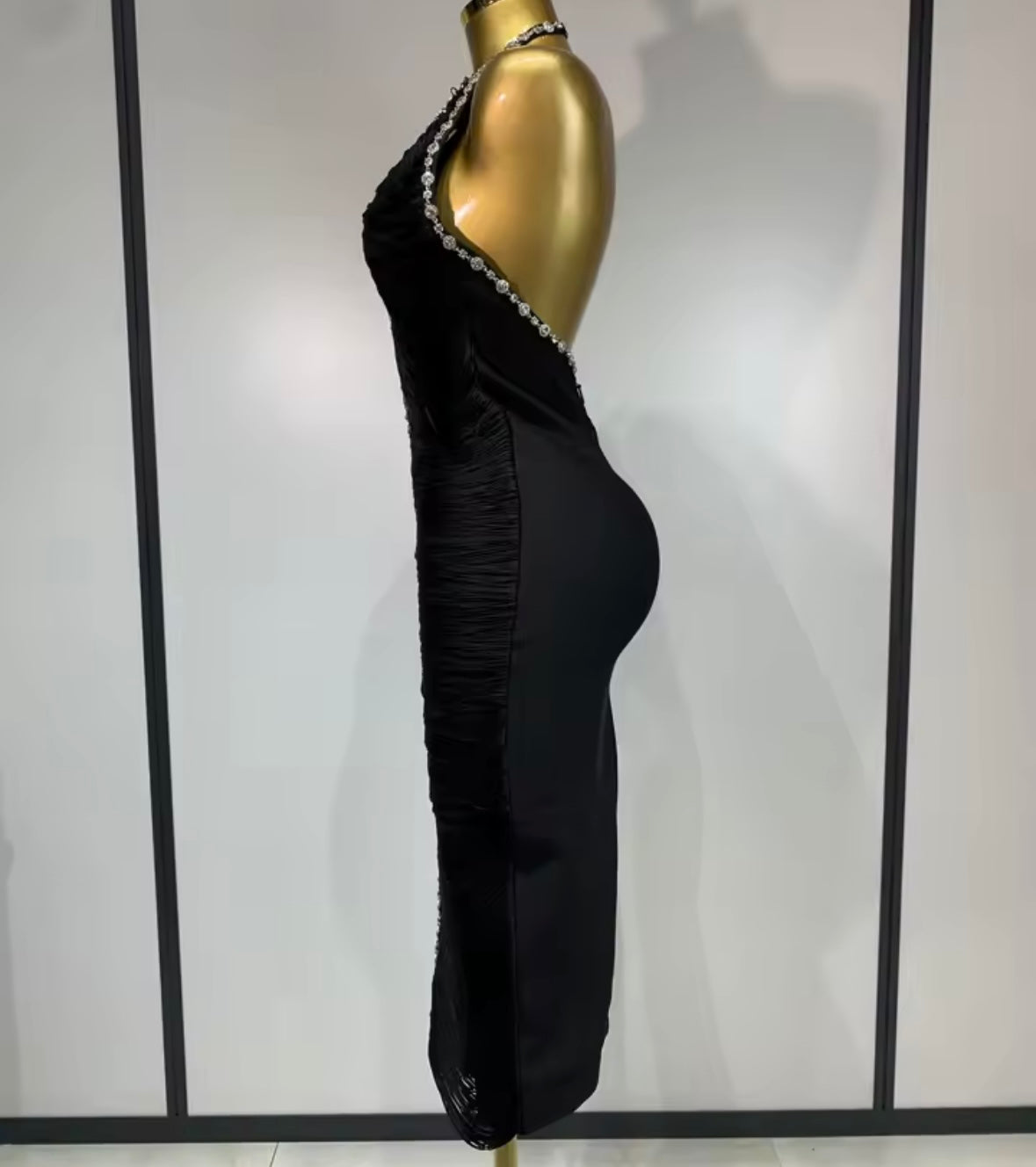 Black Rhinestone Fringe Open Back Sexy Dress