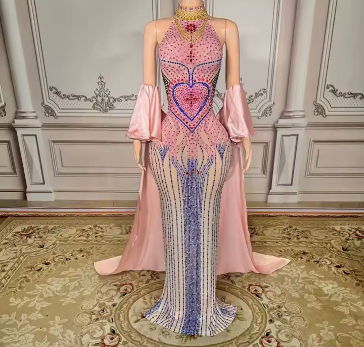 Sexy Halter Sleeveless Color Rhinestone Glove Mermaid Dress