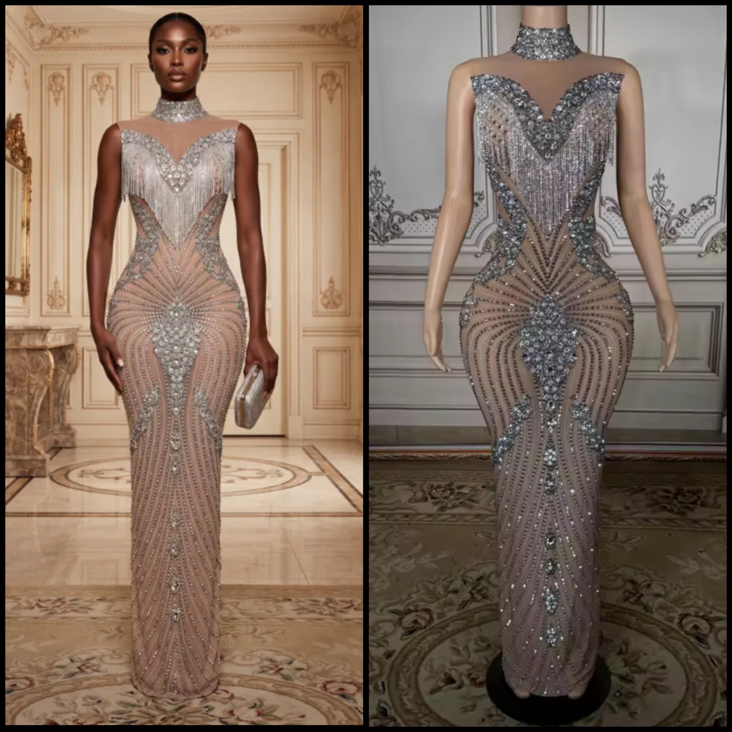 Sexy Sleeveless Rhinestone Tassel See Through Maxi Dress