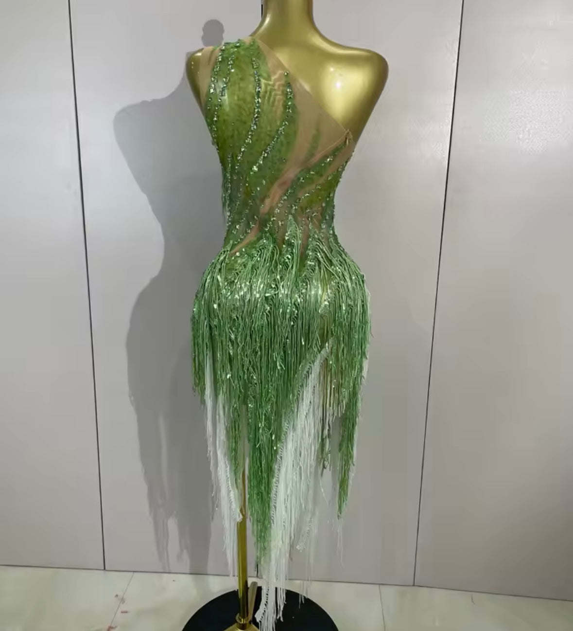 Sexy One Shoulder Sleeveless Beaded Sequins Crystal Tassel Dress