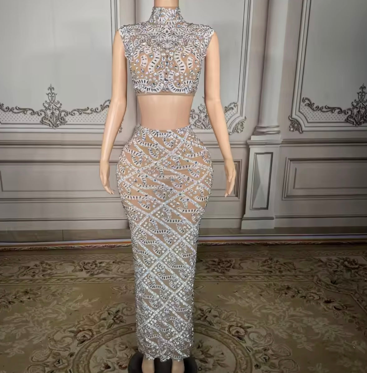 Sexy Sleeveless Rhinestone Crop See Through Maxi Skirt Set