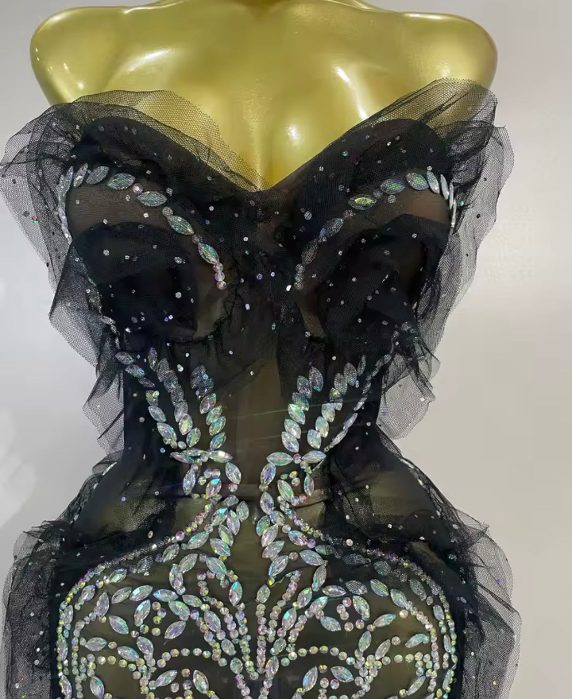 Sexy Black Strapless Sparkly Rhinestone Ruffle Dress
