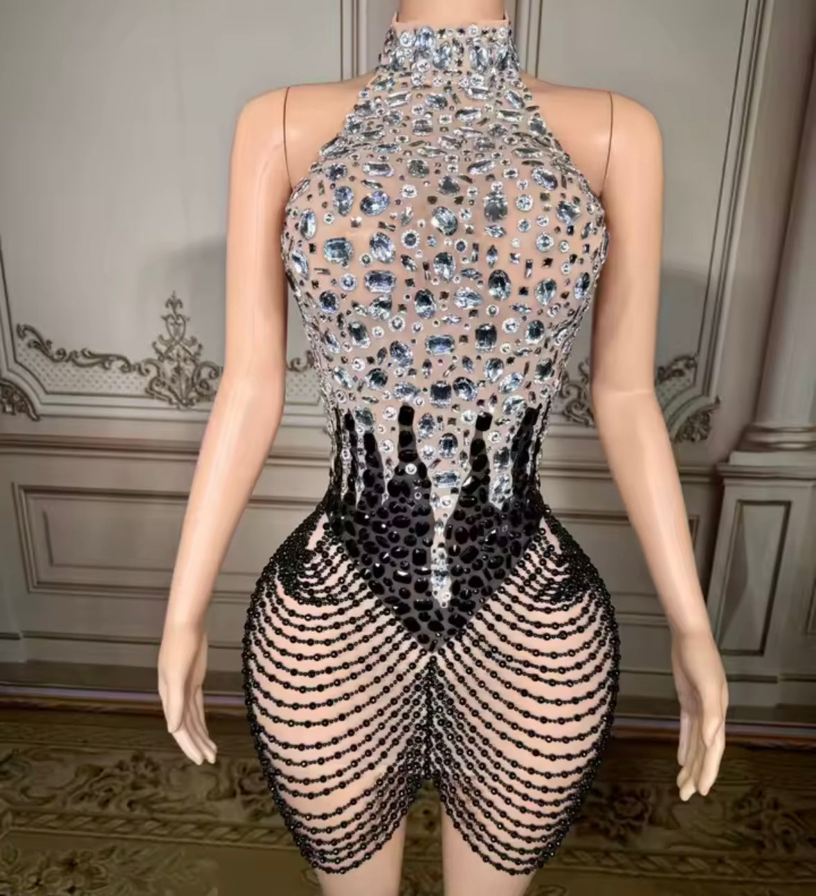 Sexy Halter Open Back Sleeveless Rhinestone Dress