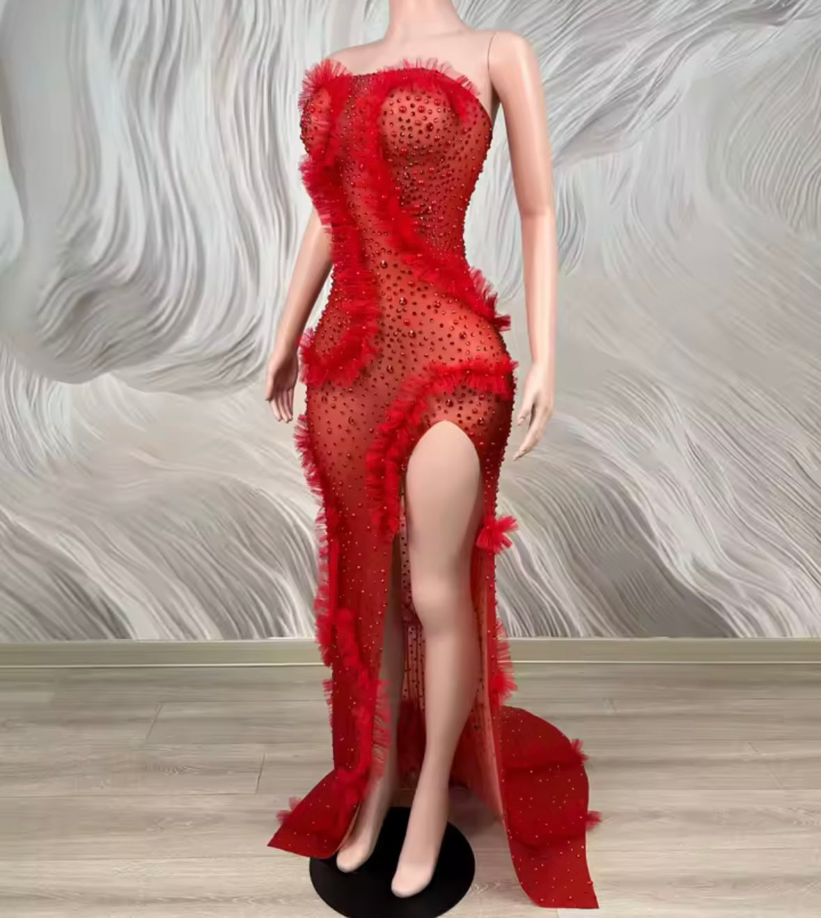 Sexy Strapless Ruffle Rhinestone See Through Side Split Maxi Dress