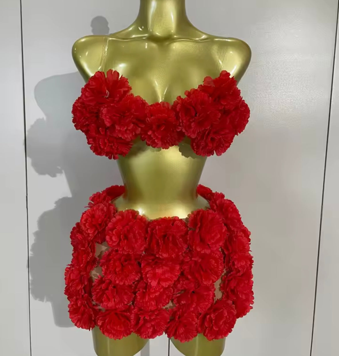Red Sexy Sleeveless Floral Chain Open Back Skirt Set