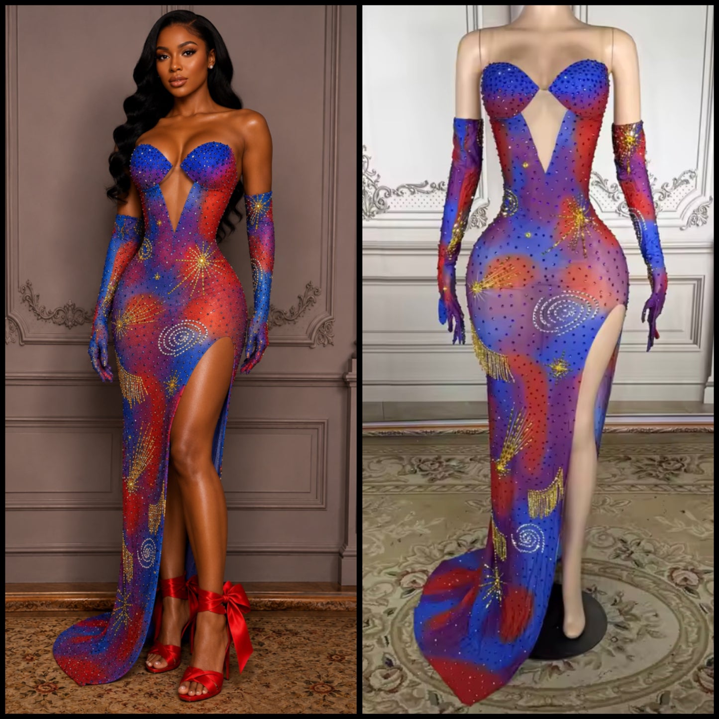 Women Sexy Sleeveless Printed Glove Side Split Maxi Dress