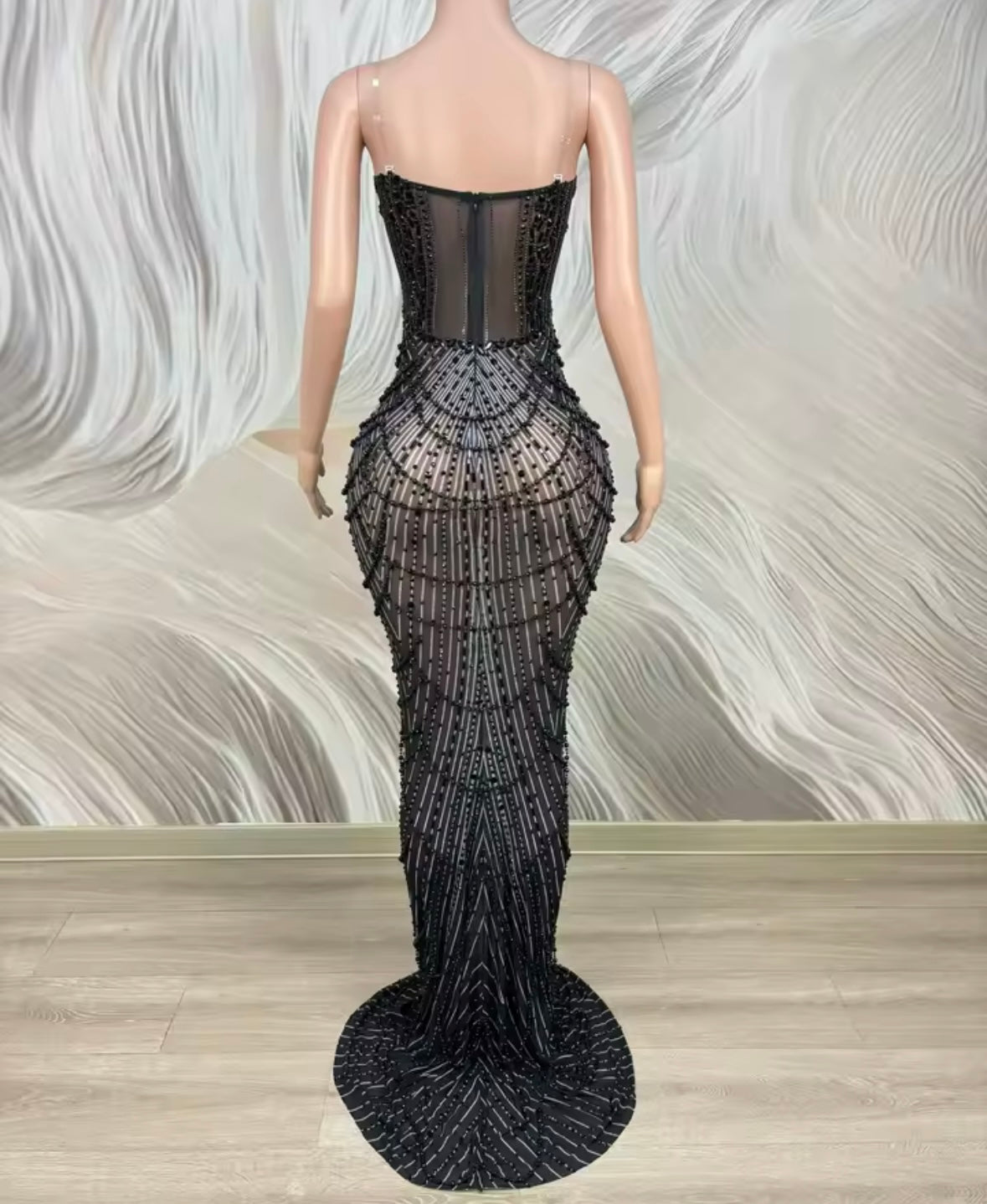 Black Sexy Strapless Beaded Crystal Floor-Length Dress