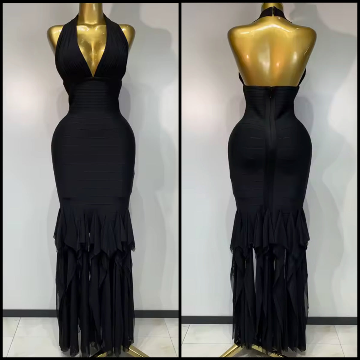 Black Sexy Halter Sleeveless Ruffled Maxi Dress