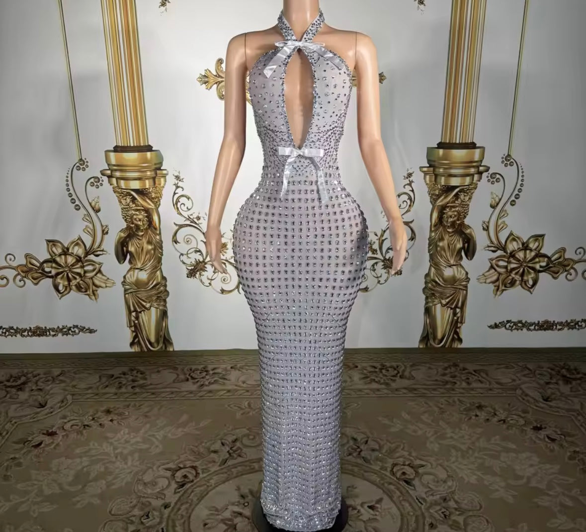 Sexy Silver Halter Sleeveless Bow Rhinestone Maxi Dress