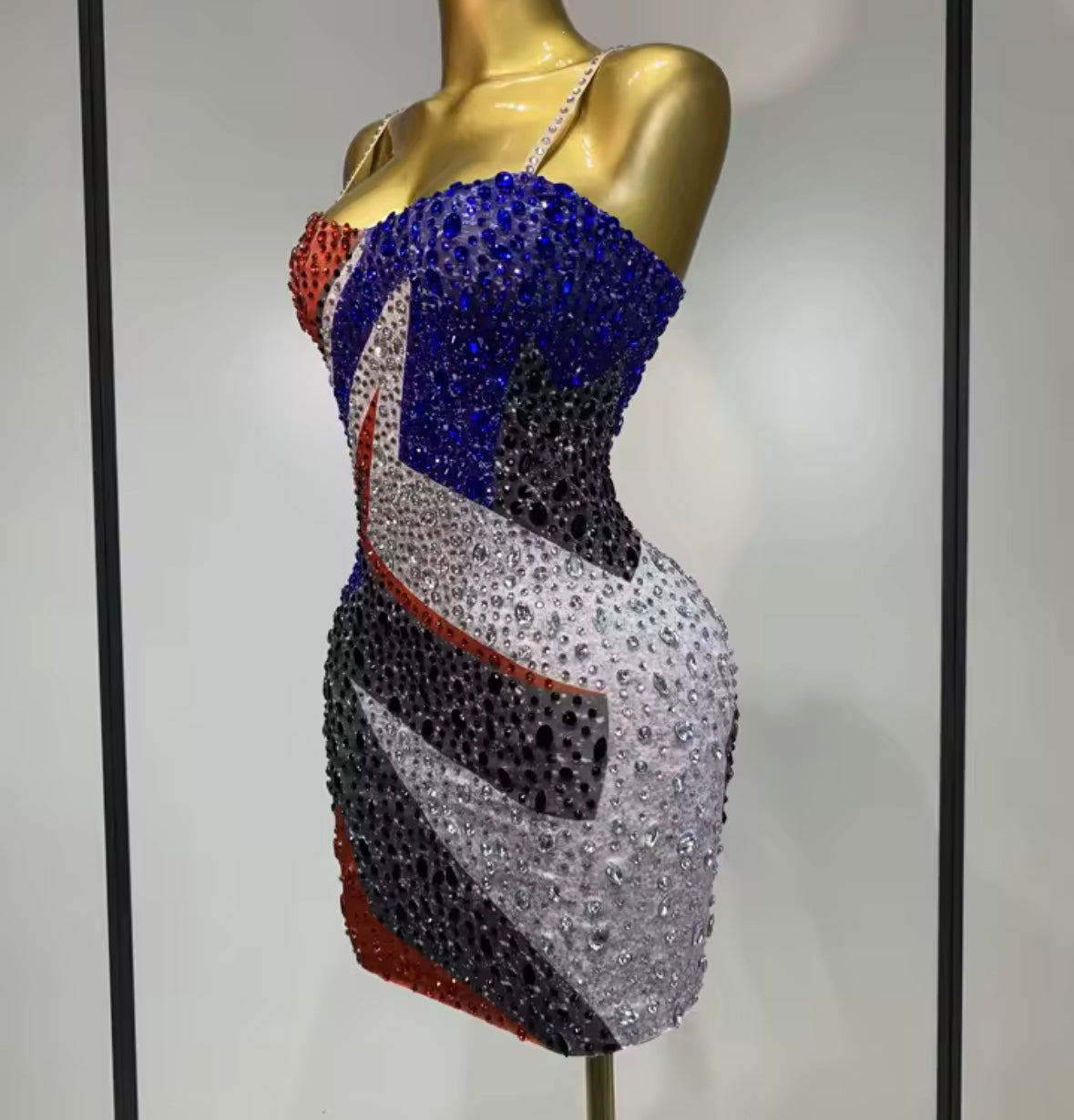 Sexy Sleeveless Color Patchwork Rhinestone Dress