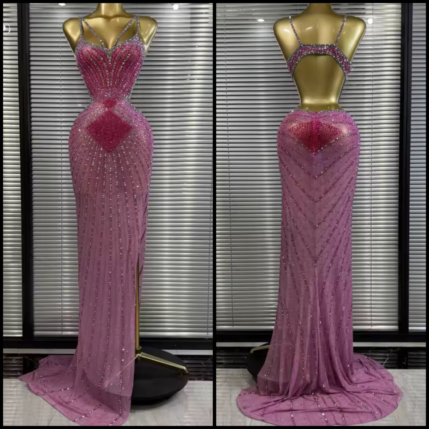Pink Sexy Sleeveless Rhinestone Side Split Maxi Dress