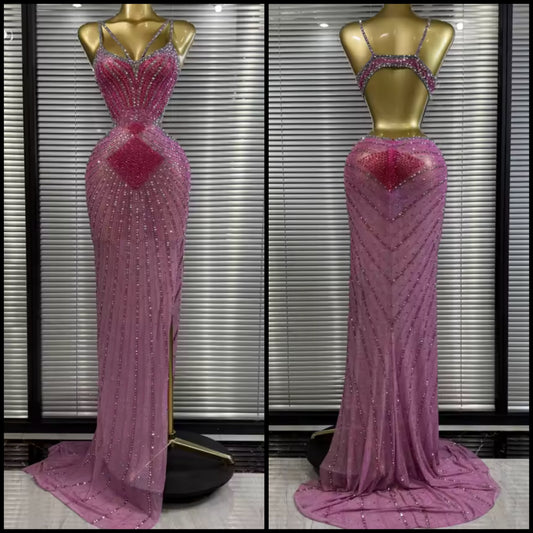 Pink Sexy Sleeveless Rhinestone Side Split Maxi Dress