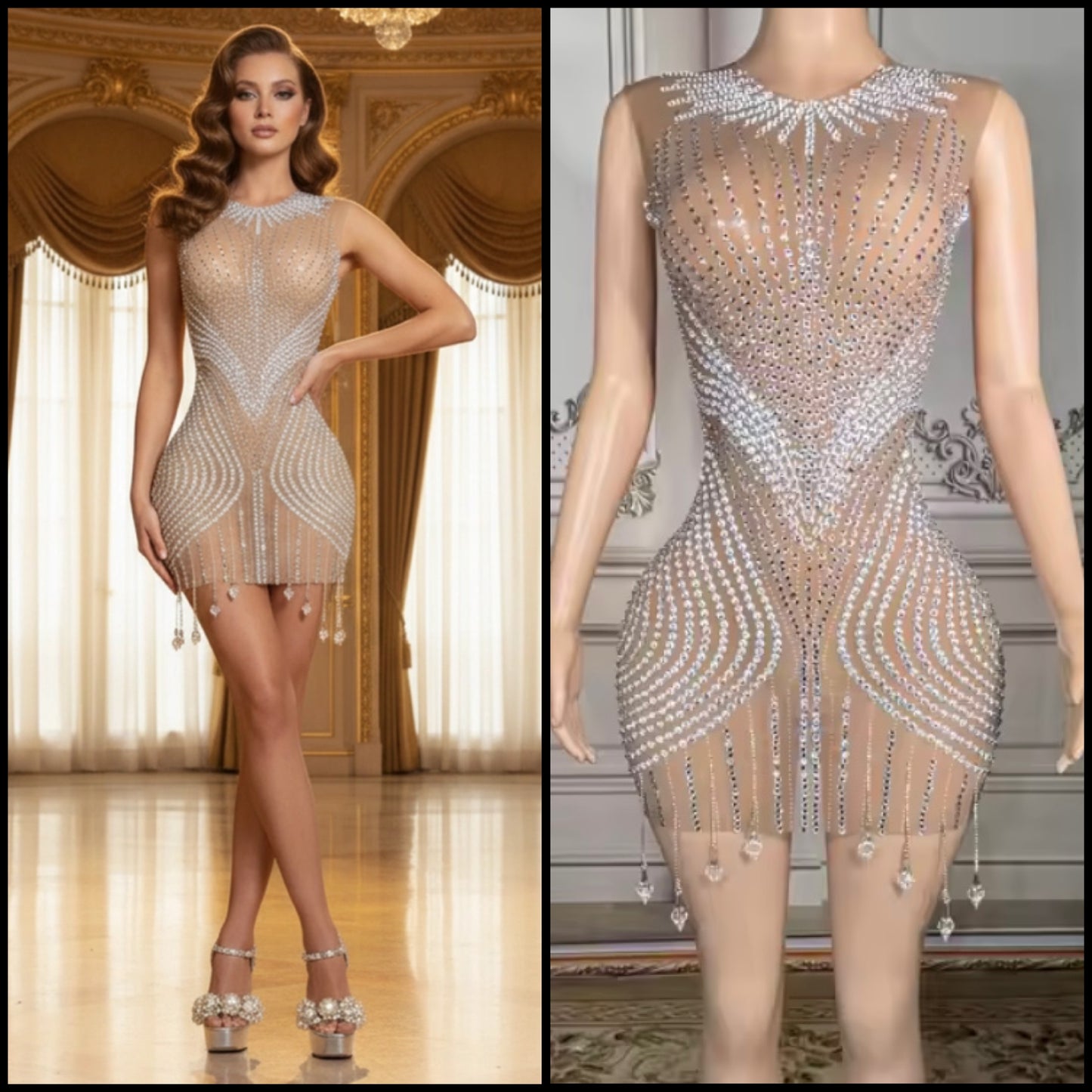 Sexy Rhinestone Embellishment Sleeveless See Through Dress