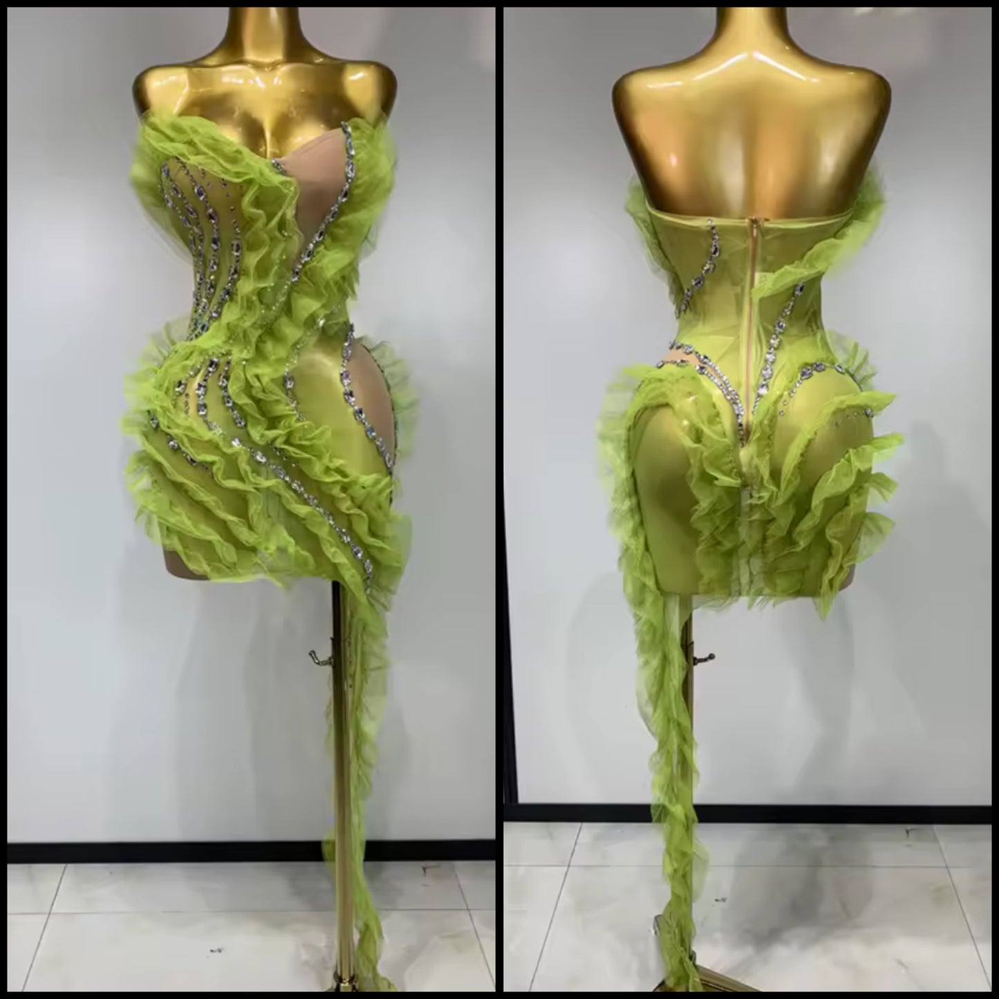 Sexy Green Ruffle Strapless Crystal Dress