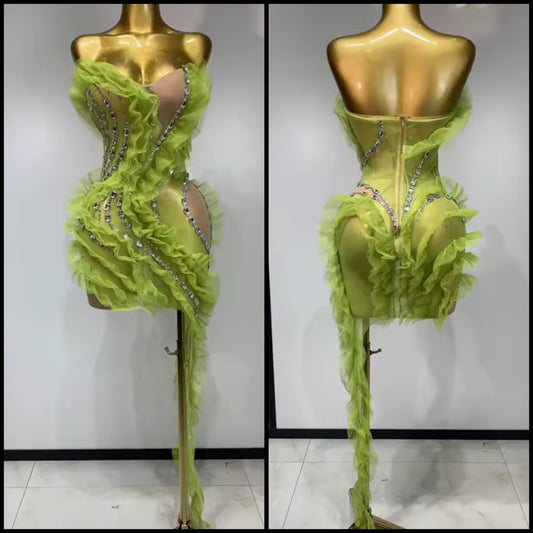 Sexy Green Ruffle Strapless Crystal Dress