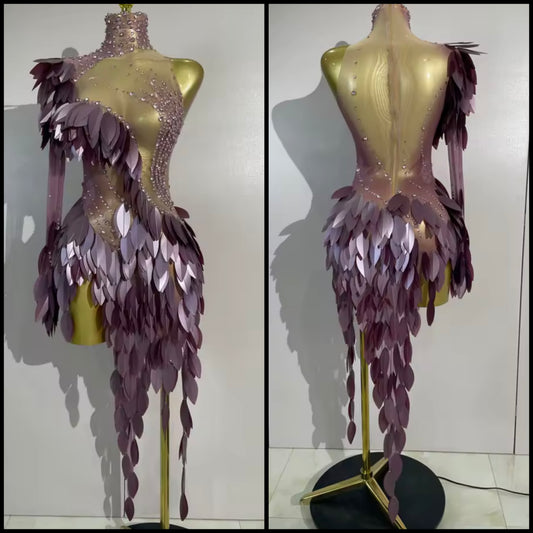 Sexy Purple One Shoulder Sequins Rhinestone Tassel Dress