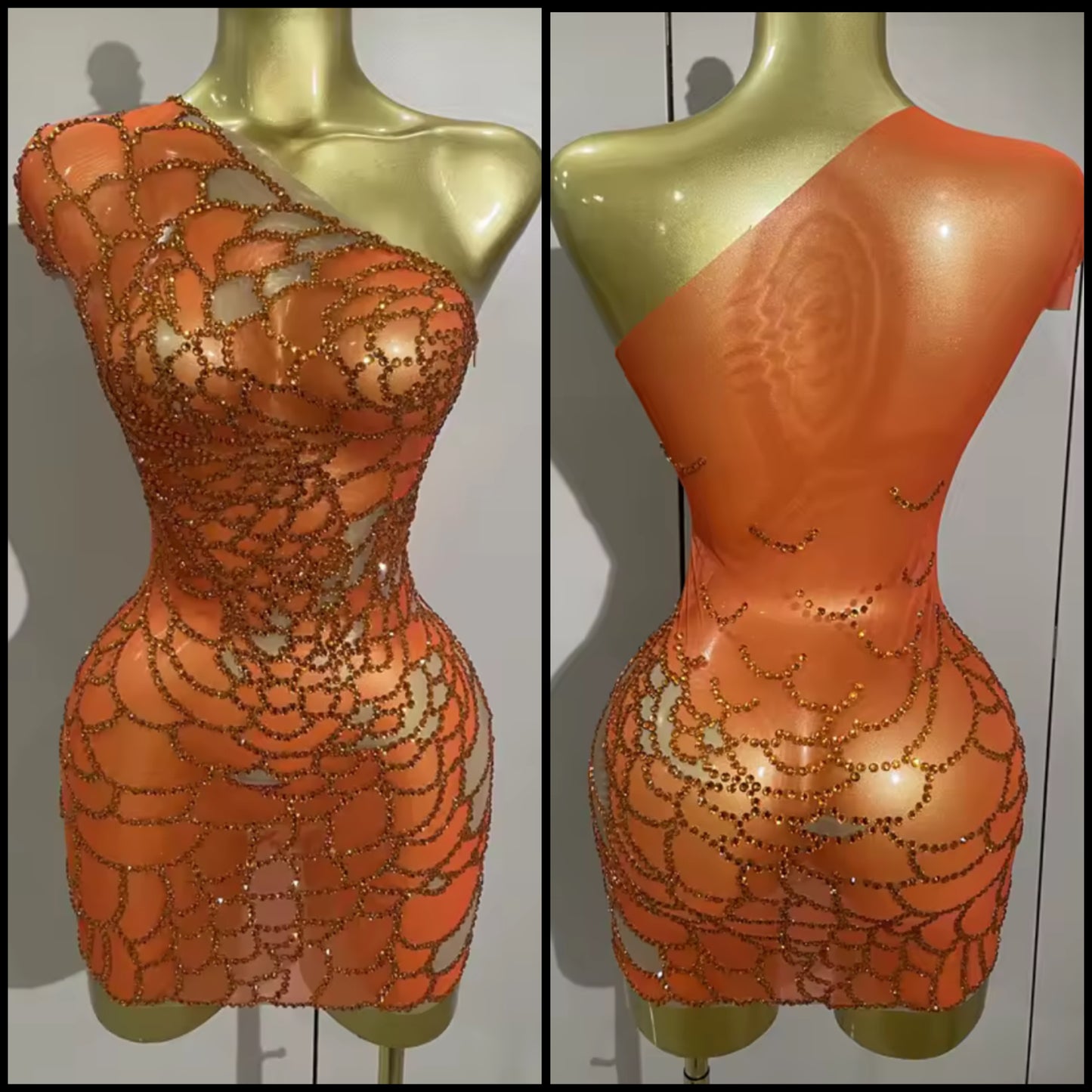 Sexy Orange One Shoulder Rhinestone Short Sleeve Dress