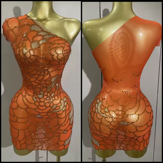 Sexy Orange One Shoulder Rhinestone Short Sleeve Dress