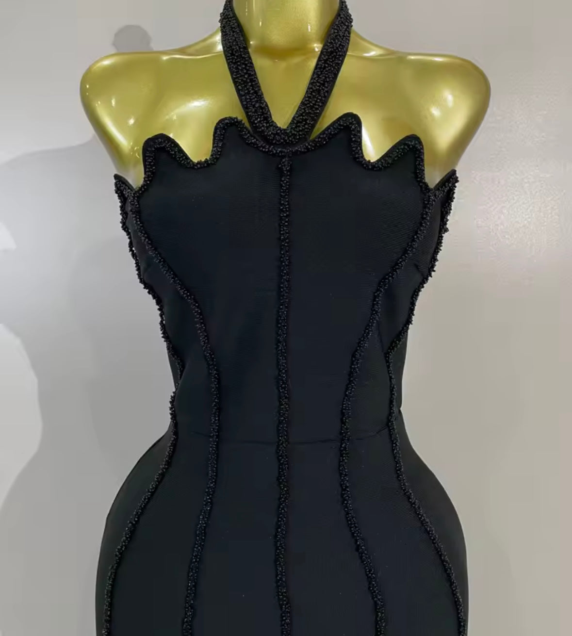 Black Beaded Halter Sleeveless Sexy Maxi Dress
