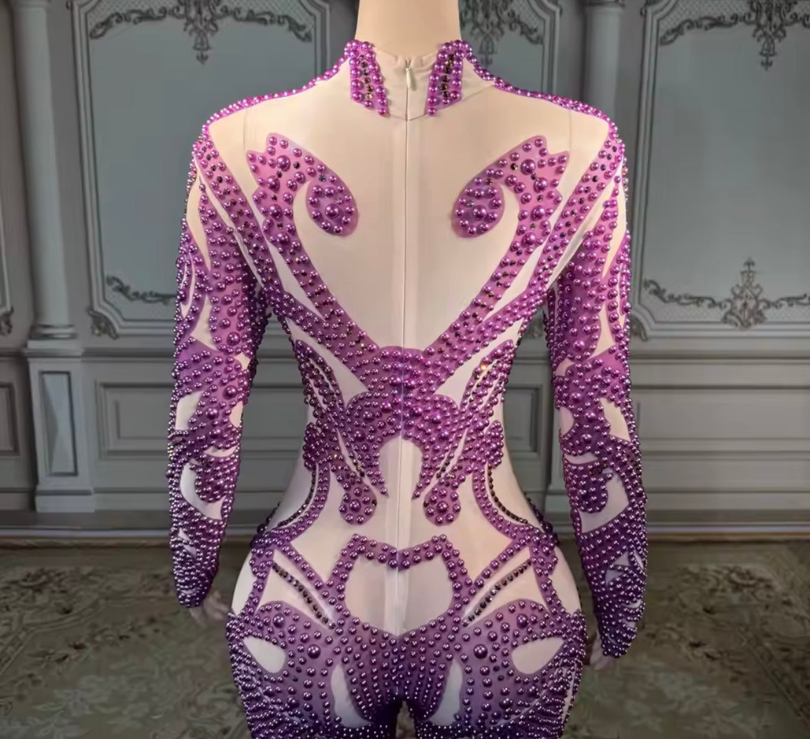 Sexy Beaded Rhinestone Full Sleeve Jumpsuit