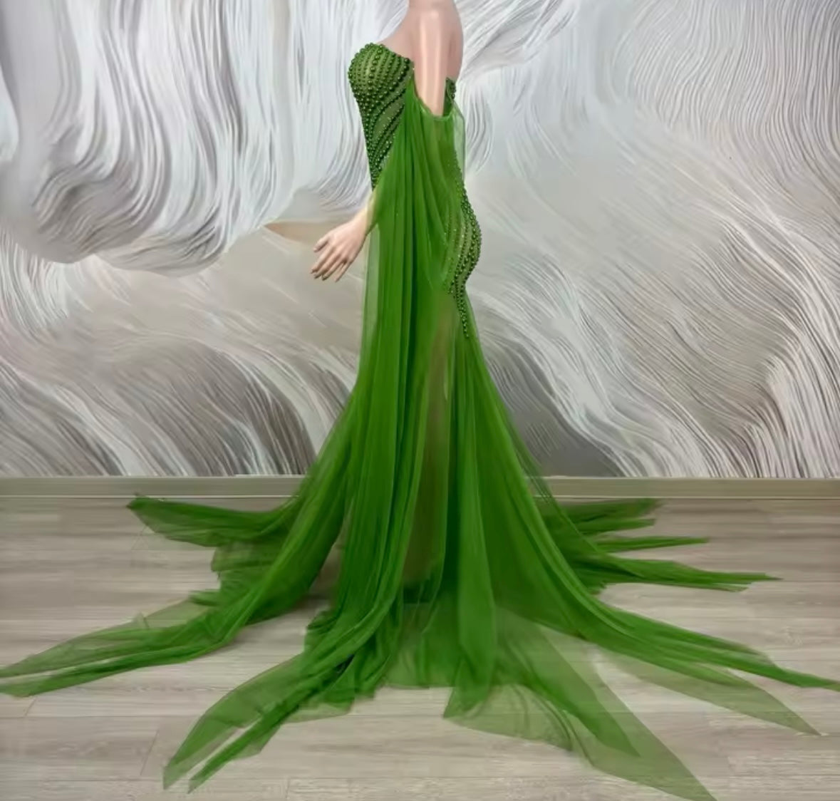 Sexy Strapless Beaded See Through Floor-Length Dress