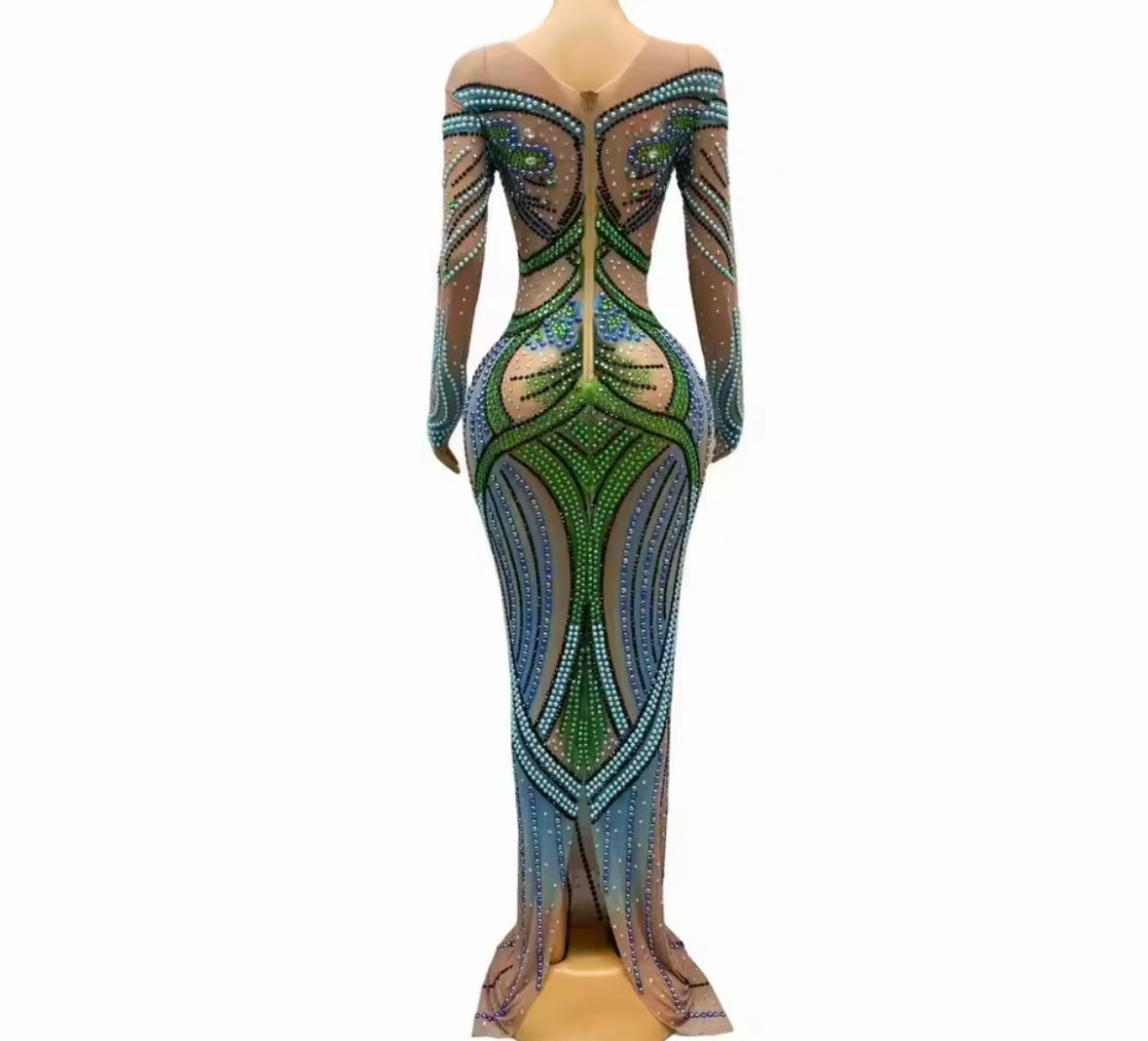 Color Rhinestone Embellishment Sexy See Through Maxi Dress