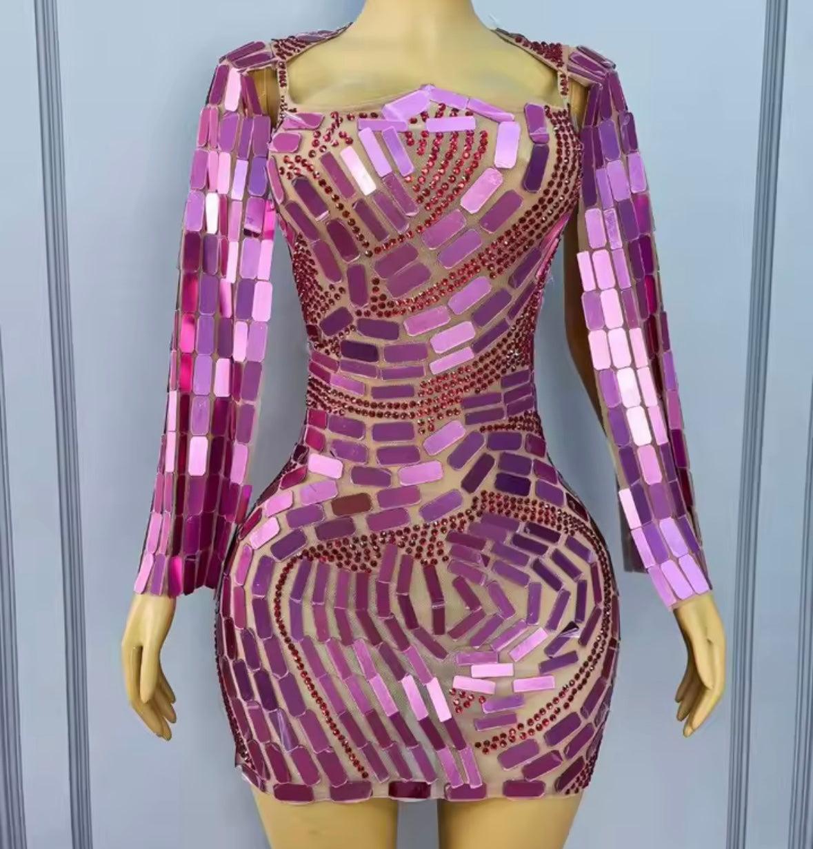 Sexy Mirror Rhinestone Full Sleeve Short Dress