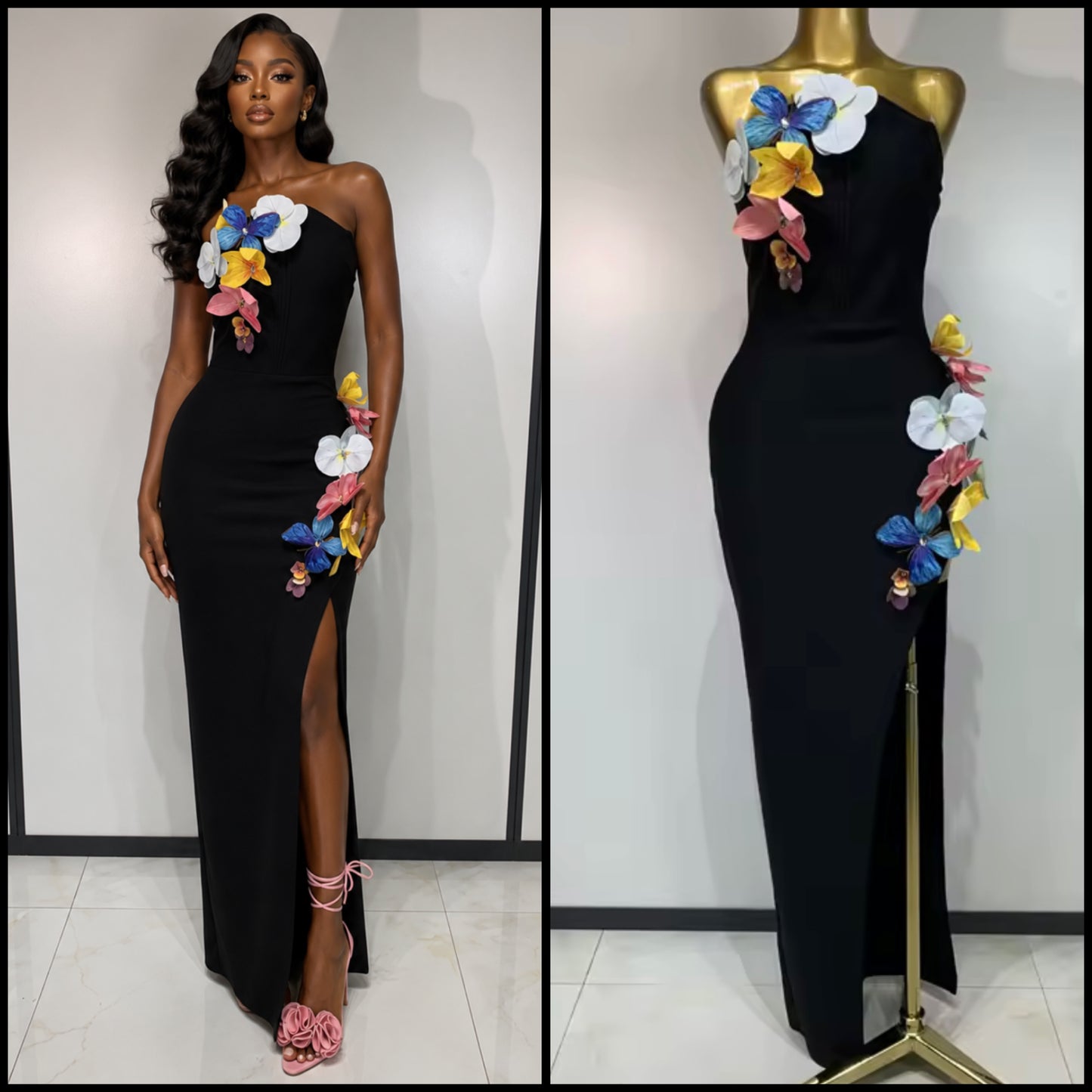 Black Sexy Sleeveless Floral Side Split Maxi Dress