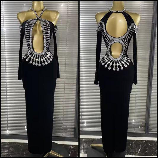 Black Rhinestone Embellishment Open Back Full Sleeve Maxi Dress