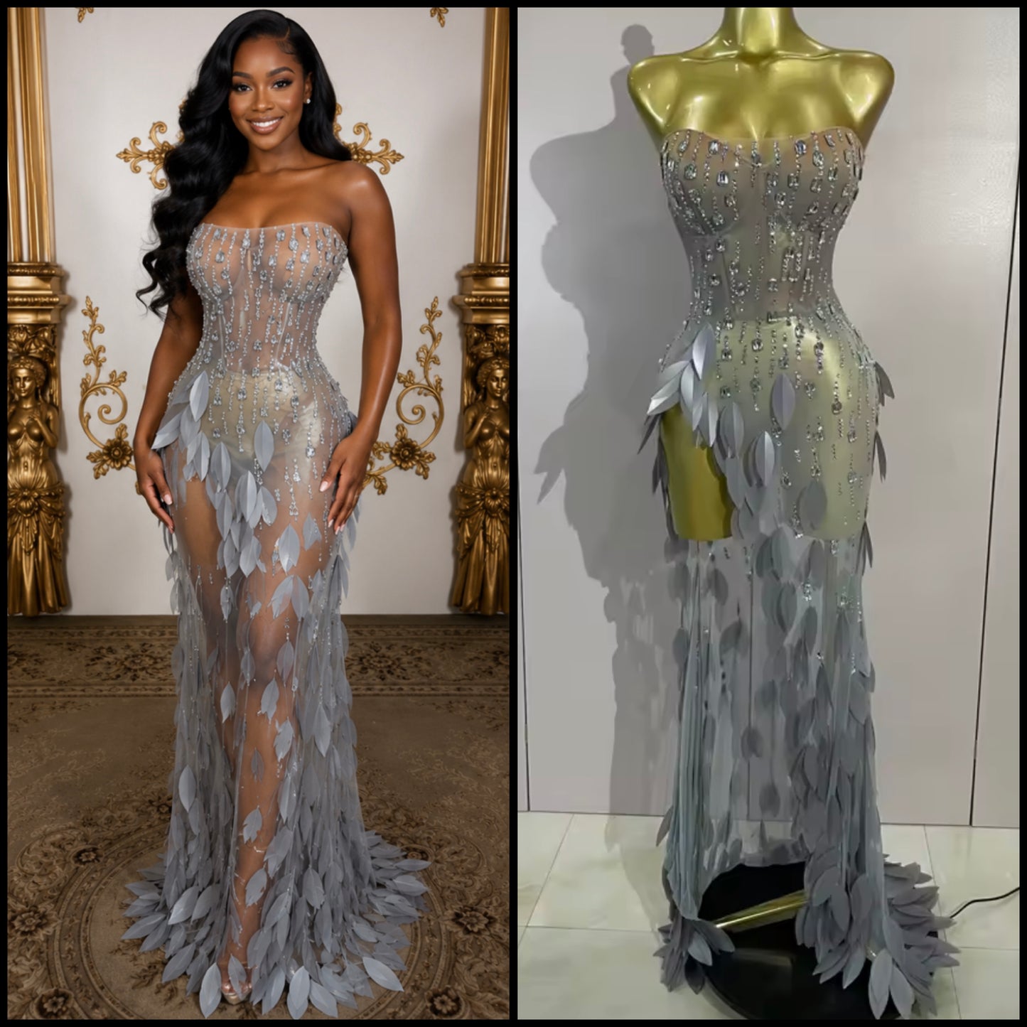 Silver Strapless Rhinestone Sequins Side Split Maxi Dress