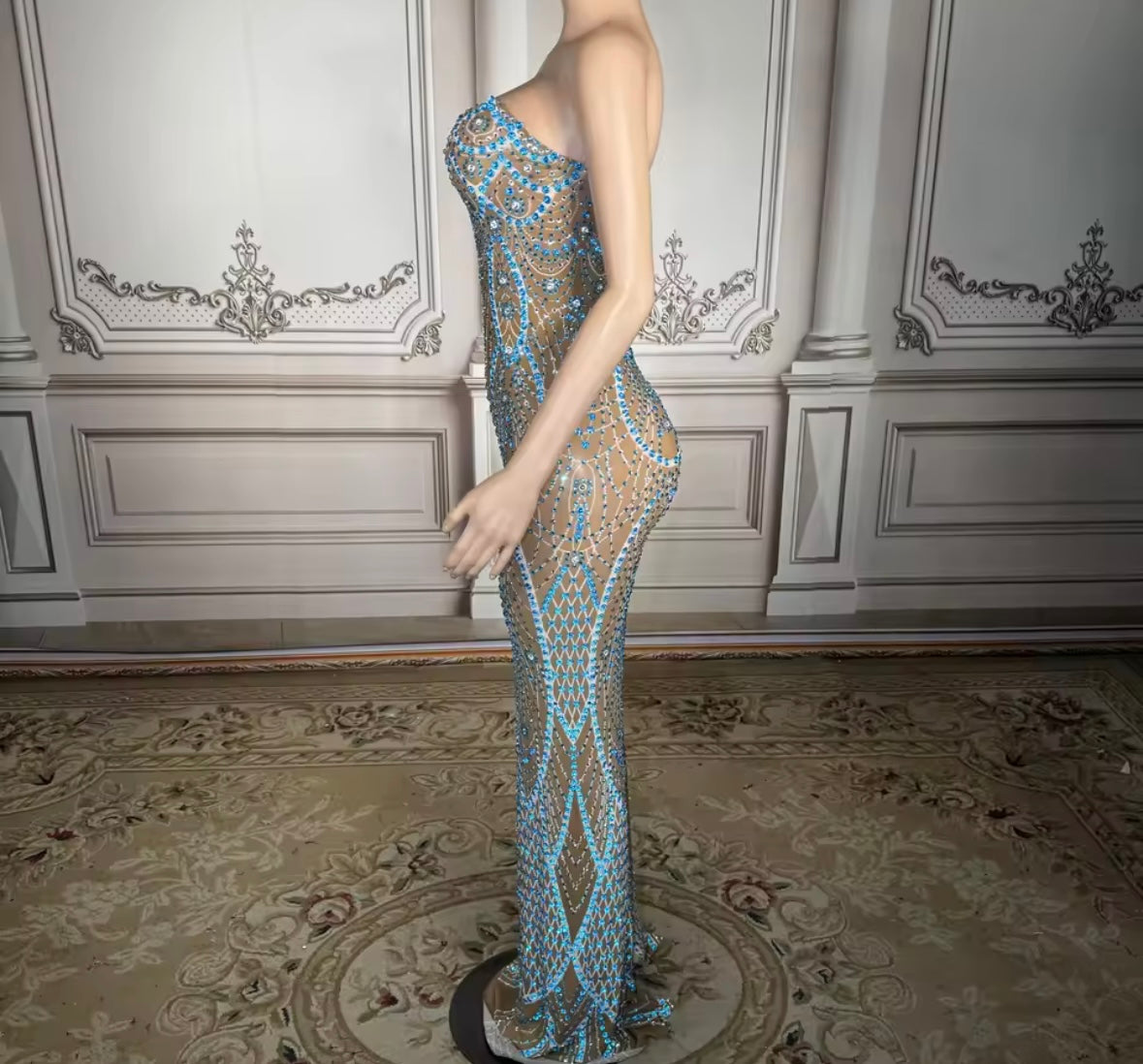 Sexy Strapless Blue Rhinestone See Through Maxi Dress