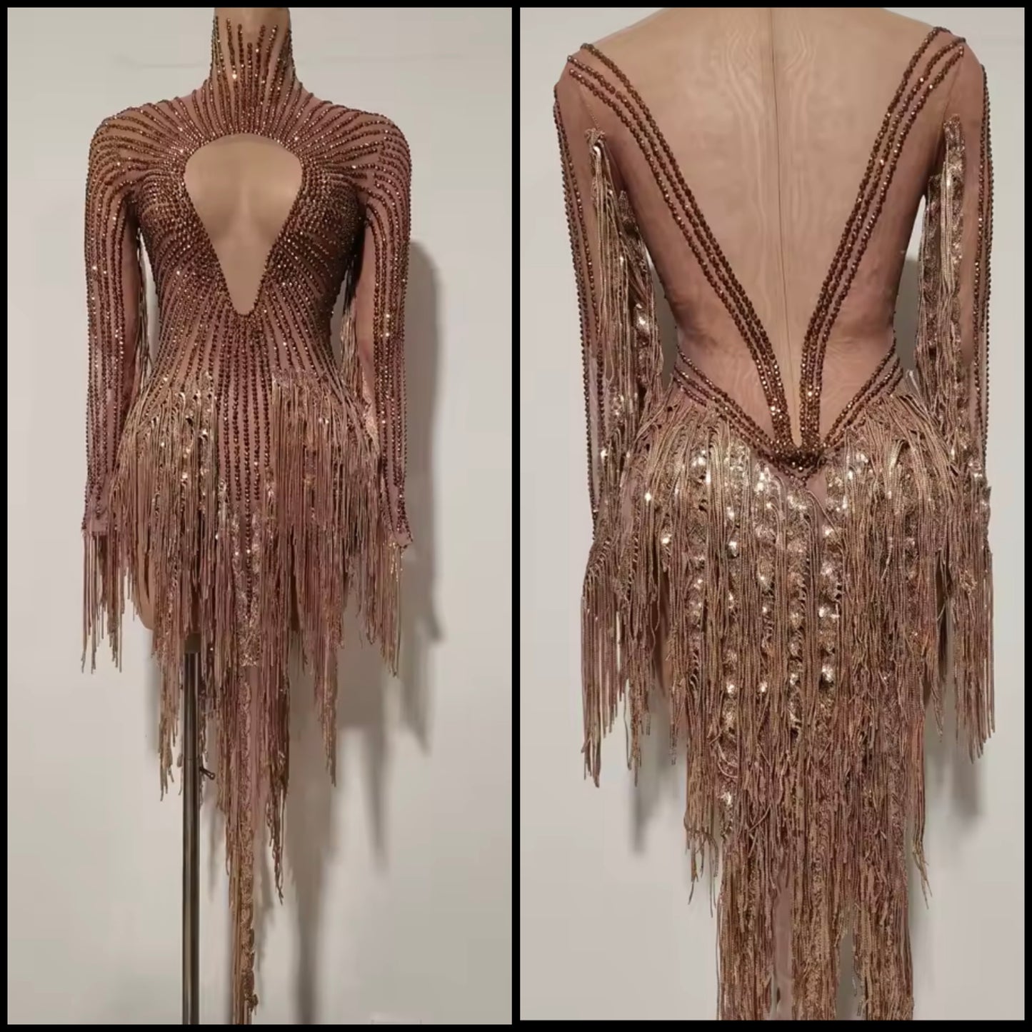 Sexy Gold Rhinestone Fringe Tassel Asymmetrical Dress