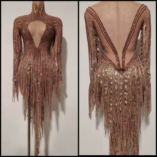 Sexy Gold Rhinestone Fringe Tassel Asymmetrical Dress